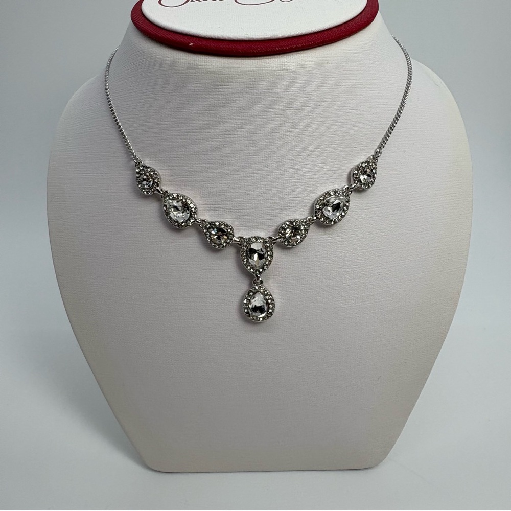 Givenchy Silver Tone Clear Crystal Teardrop Statement Y-Necklace, Brand New